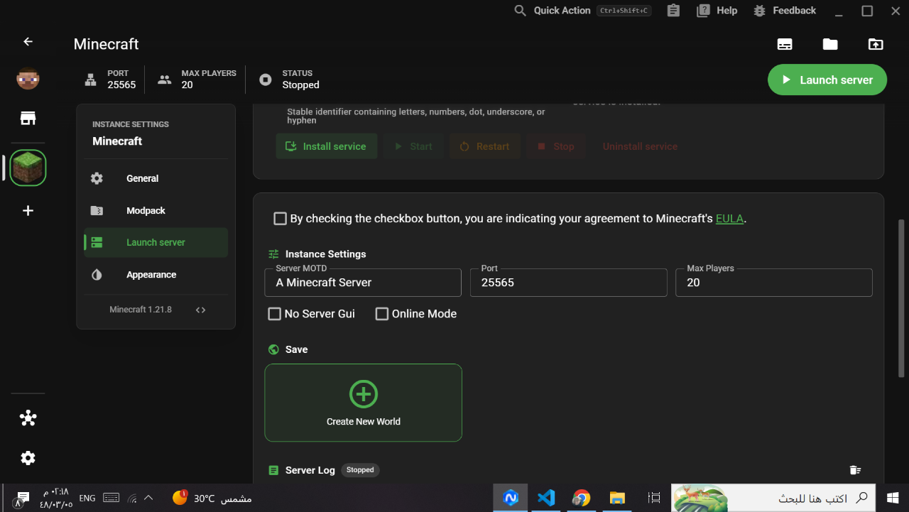 Launch server screen with server settings and world creation